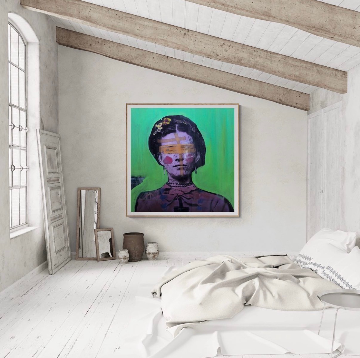 Annie Decamp stylized portrait of a woman with a yellow cross over her eyes in a minimalist attic bedroom