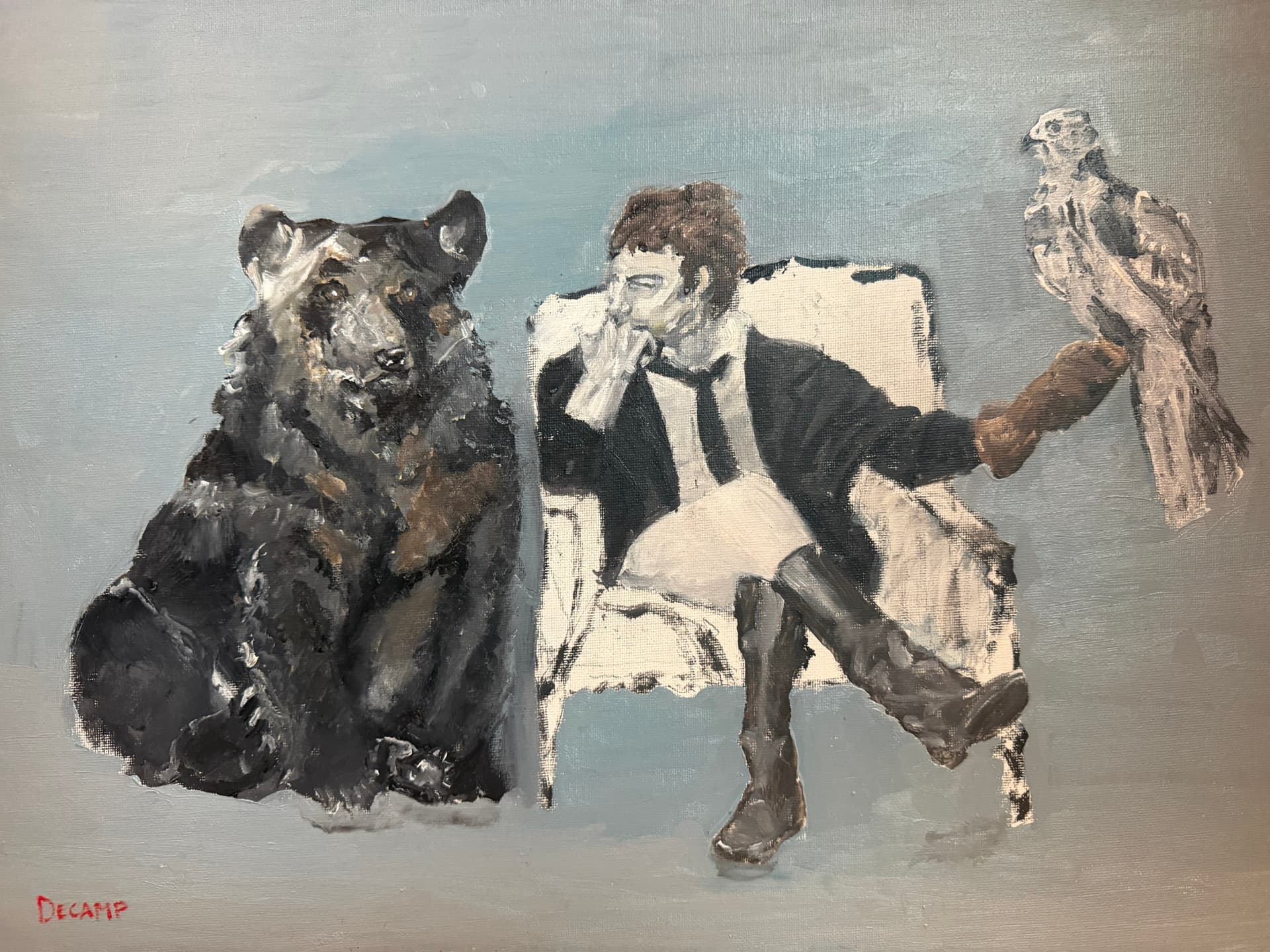 Annie Decamp painting of a seated figure beside a black bear, holding a hawk on a gloved hand.