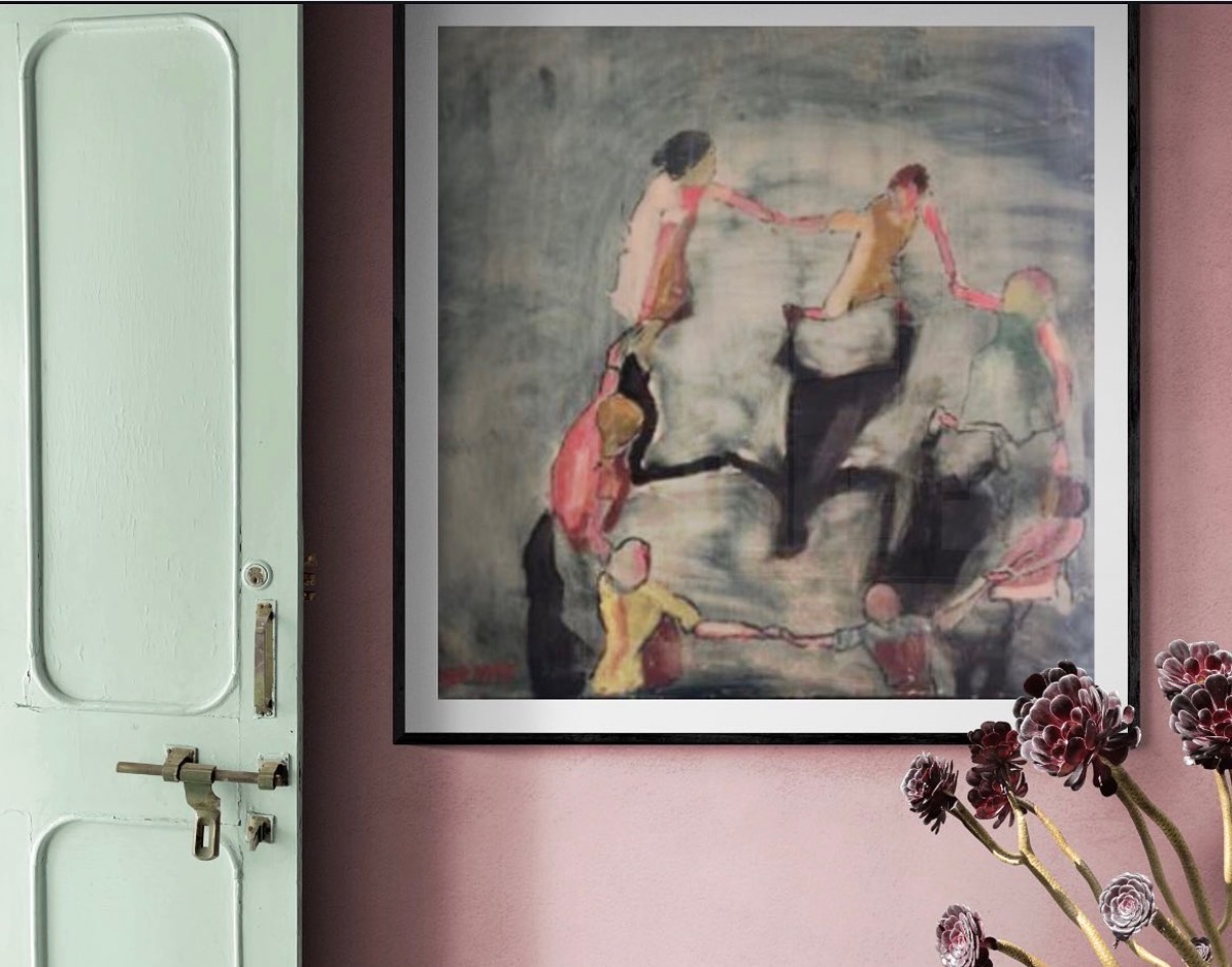 Annie Decamp painting of people dancing in a circle on a pink wall next to a green door