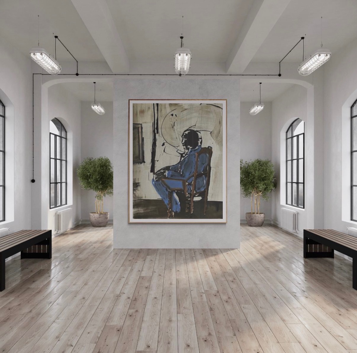 Annie Decamp painting of a man seated in a chair in a minimalist gallery room with arched windows