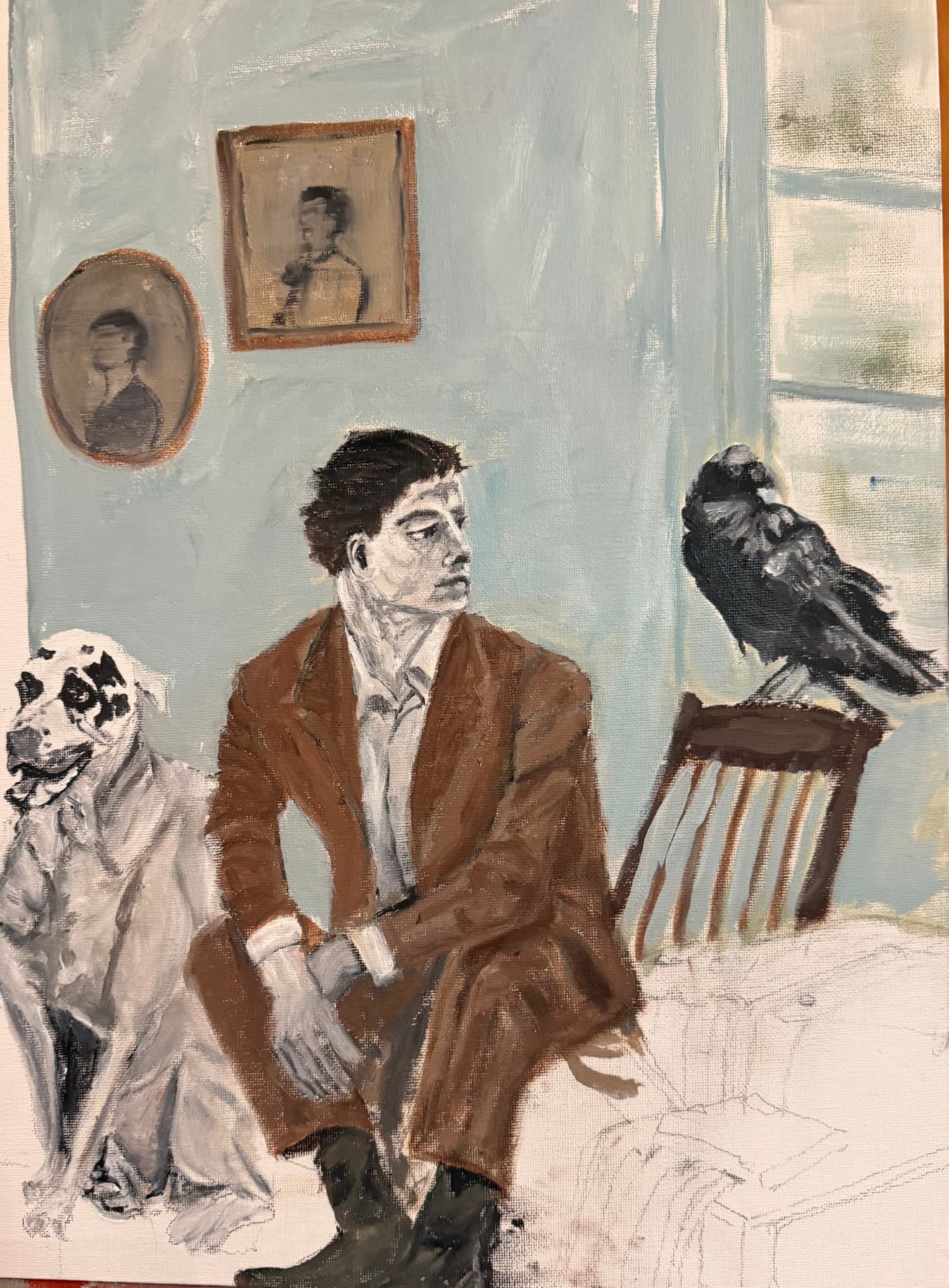 Annie Decamp painting in progress showing a seated figure in a brown suit beside a dog and a dark bird perched on a wooden chair.