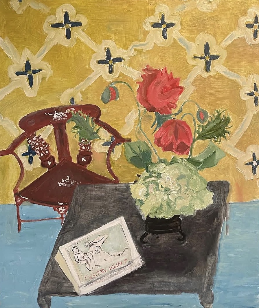 Florals with Chinese Chair, mixed media by Annie Decamp