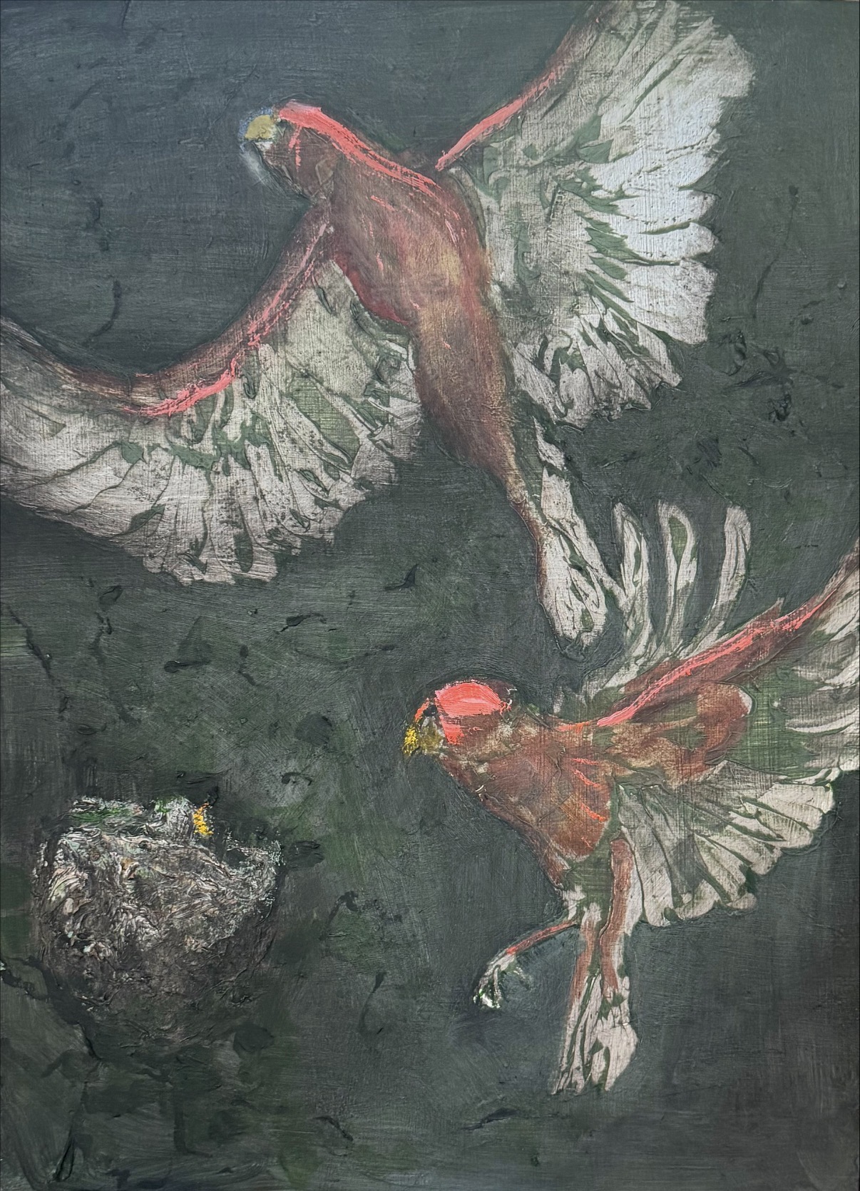 Finches at Dusk, framed, Oil on panel by Annie Decamp