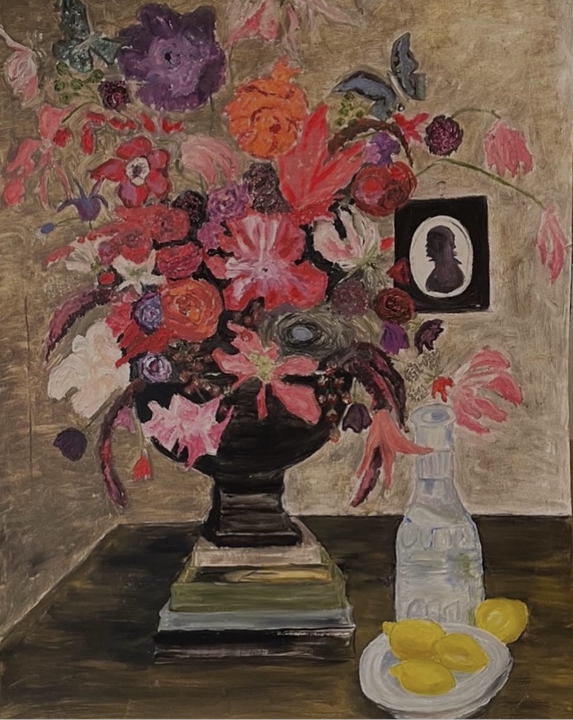 Dark floral still life with a silhouette, Oil by Annie Decamp