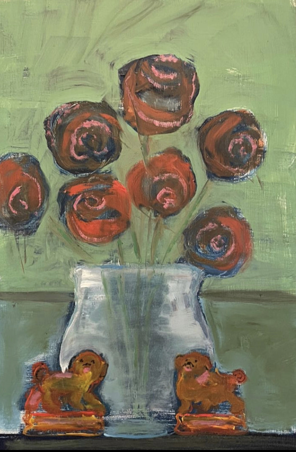 Flowers and Fu Dogs, Oil by Annie Decamp
