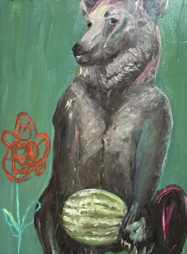 Bear with Melon, Oil on panel by Annie Decamp