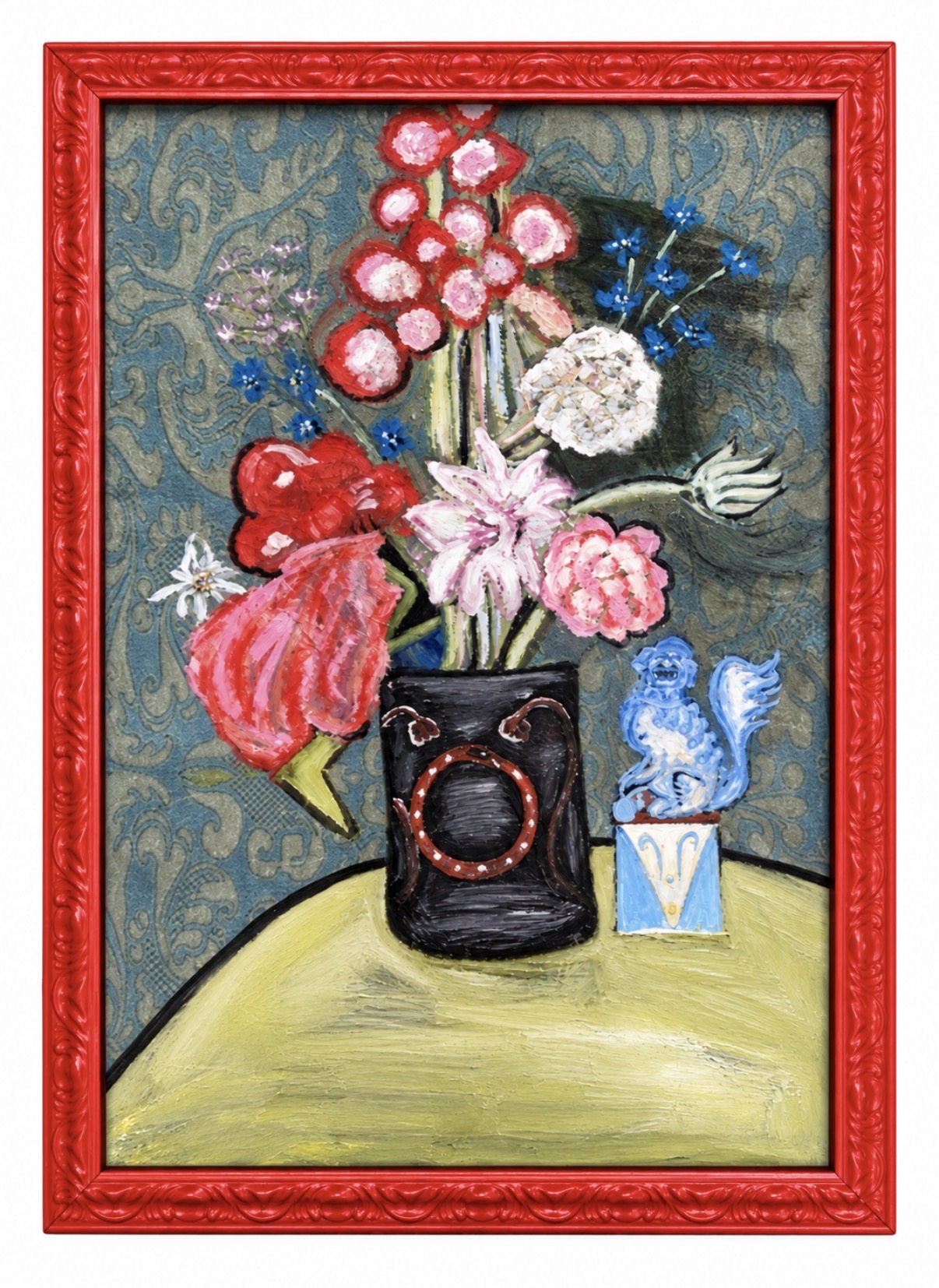 Florals with Fu Dog, Oil on Vintage wallpaper by Annie Decamp