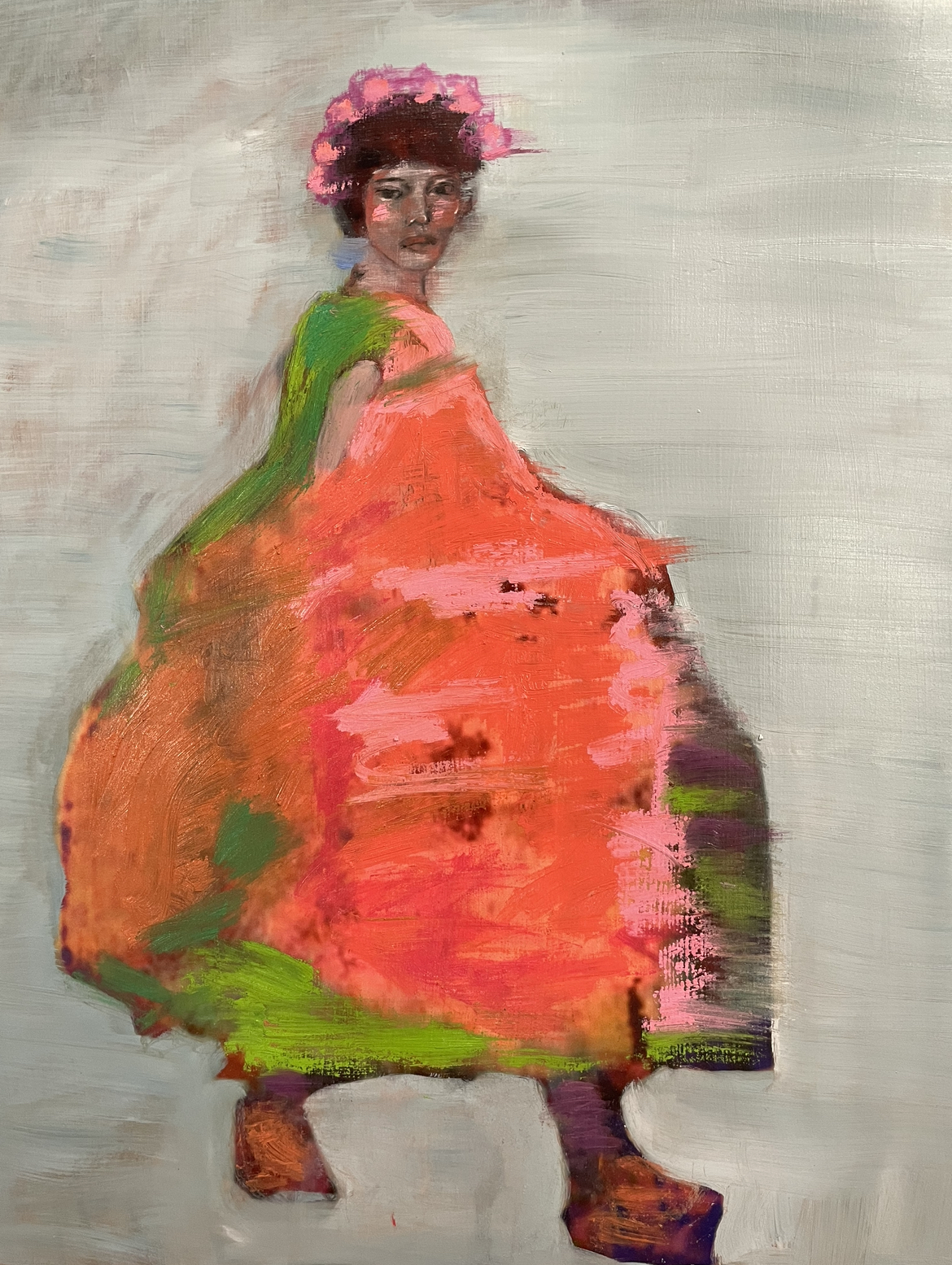 Floating Dutch Girl #2, Digital and oil on wood panel by Annie Decamp