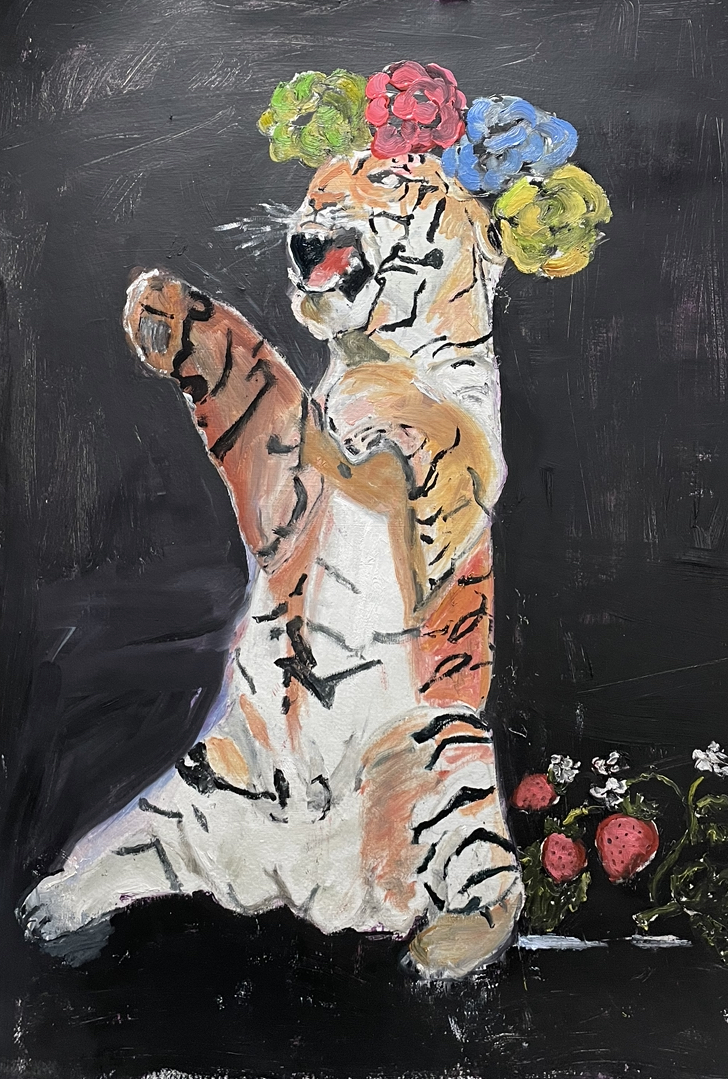 Flower Tiger, Oil on wood panel by Annie Decamp