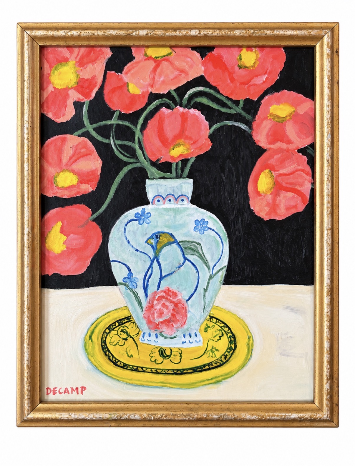 Poppies with Ginori Plate, Oil by Annie Decamp