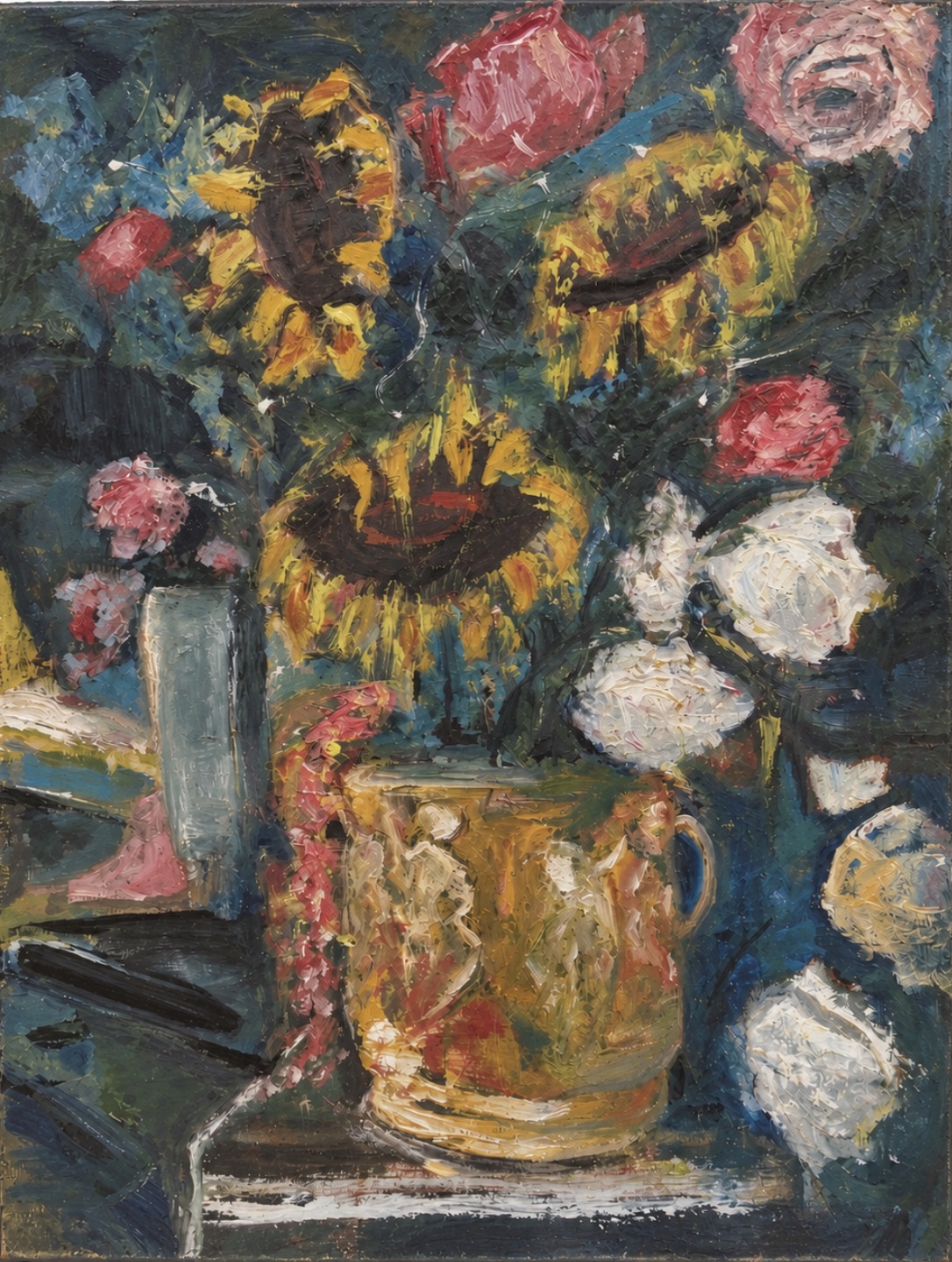 Sunflowers in a yellow jug, Oil by Annie Decamp
