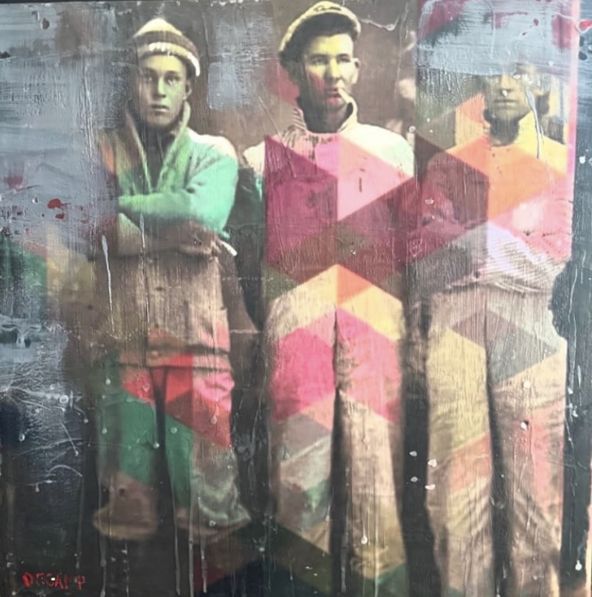 Three boys (photograph and colour blocks), Digital, oil and encaustic by Annie Decamp